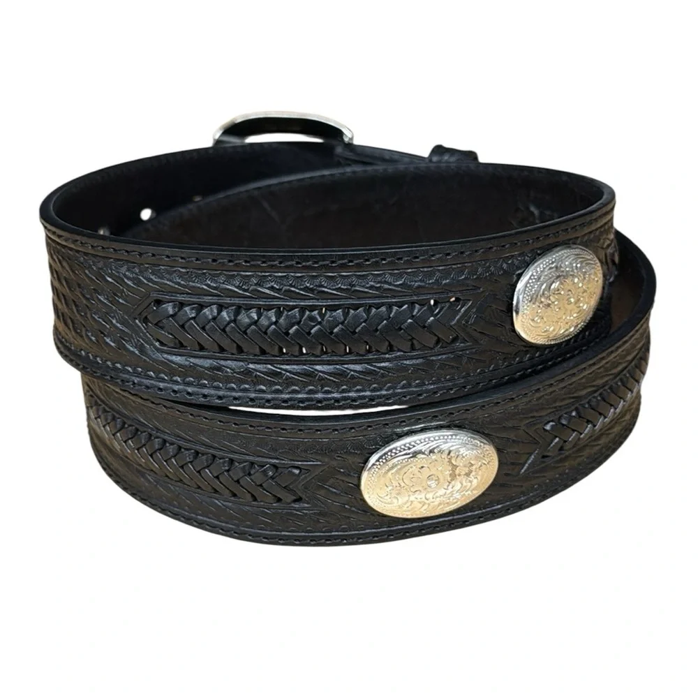 NWT New Silver Creek Collection Black Weave Tooled Conch Western Leather Belt 36
